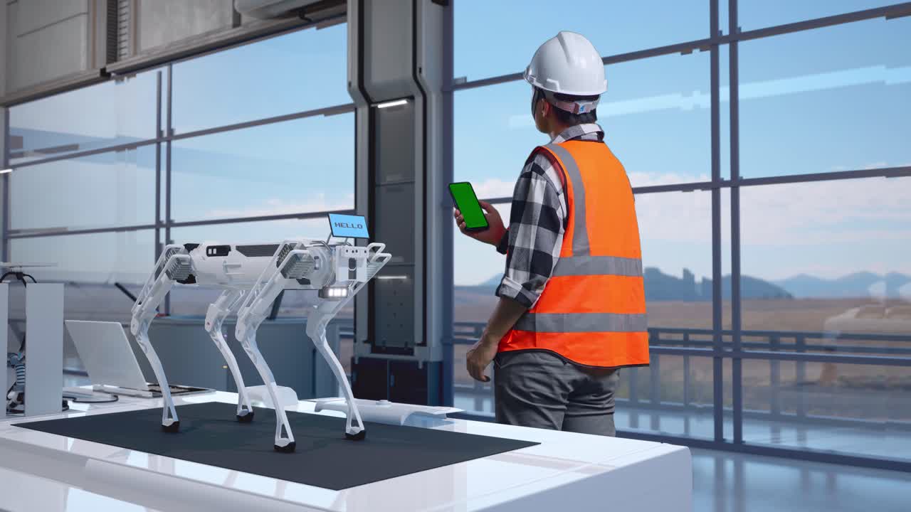 vista trasera completa del cuerpo de un ingeniero masculino asiático con casco de seguridad de pie en una fábrica de alta tecnología, analizando el concepto de la máquina robótica. teléfono inteligente de pantalla verde y mirando a su alrededor