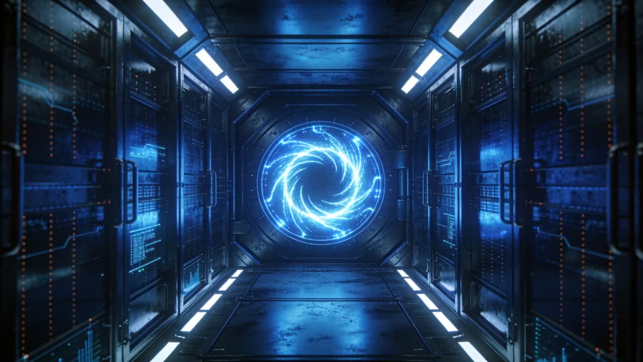Video verticale: Vortice blu in carica che stringe la spirale all'interno di una sala laboratorio dopo un segnale, con rack pulsanti.