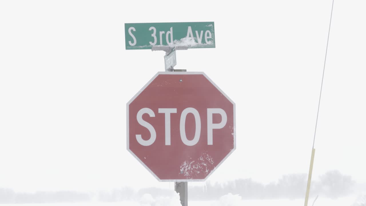 Cartello di stop nella bufera di neve a Bozeman, Montana