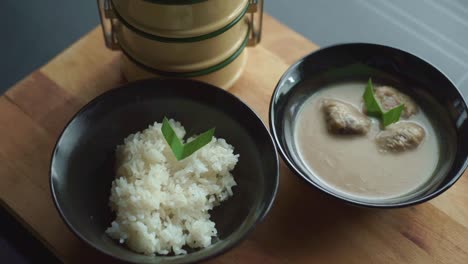 asian cuisine, sticky rice with durian in coconut milk