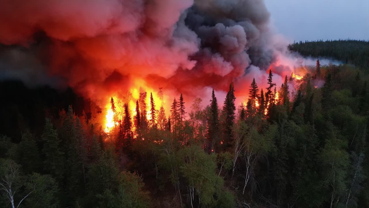 Un drammatico incendio boschivo divampa, consumando alberi ad alto fusto e riempiendo il cielo di fumo e fiamme, mostrando la forza distruttiva della natura in un ambiente crepuscolare