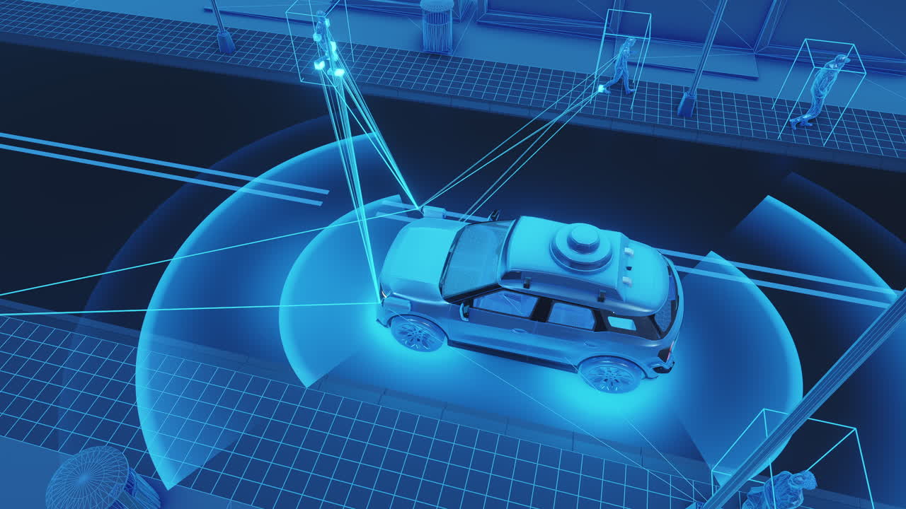 Visualization of an autonomous vehicle operating in a city, showing sensors detecting pedestrians and surrounding objects for safe navigation