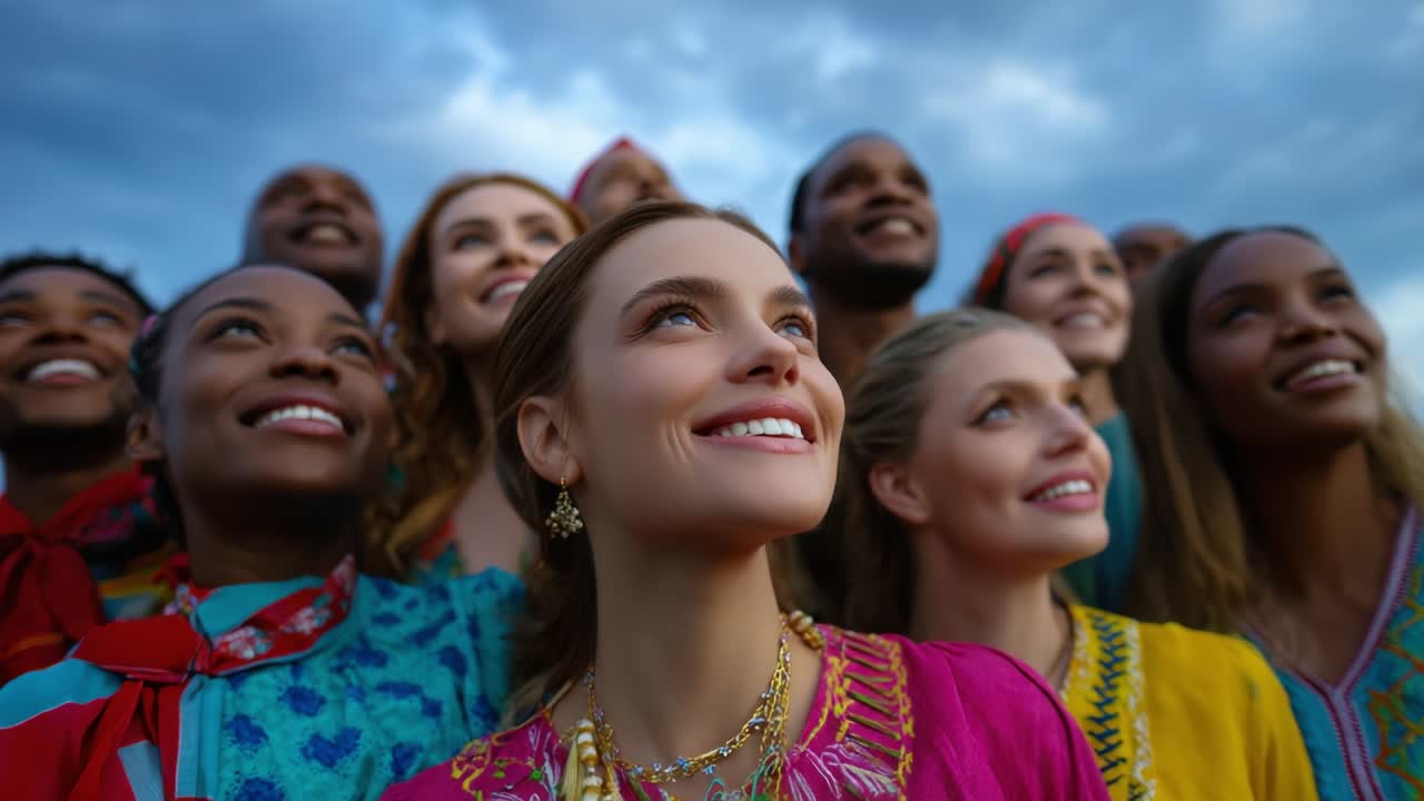 Diverse Group of People Looking Up with Hope and Joy
