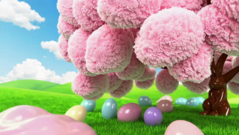 easter scene with pink cherry blossom tree and chocolate bunny