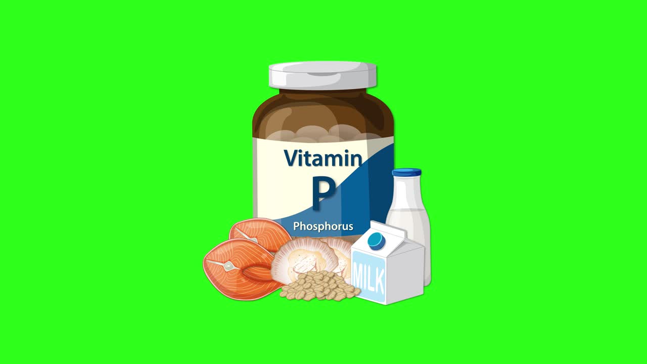 Vitamin phosphorus supplement bottle and food sources appear and settle on vibrant green screen background
