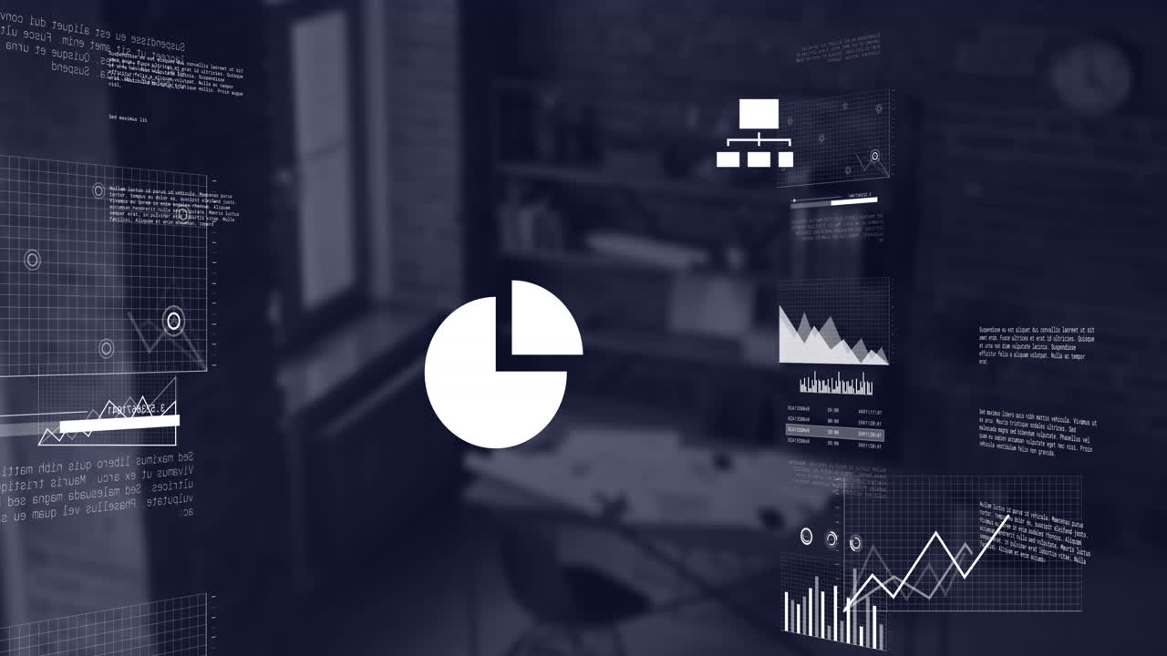 Animation of screens with statistical data processing against empty office