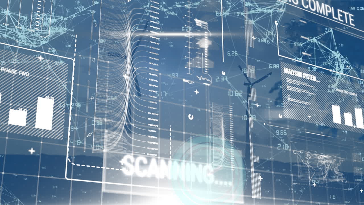 둥근 스캐너의 애니메이션과 하늘에 대한 회전하는 풍차에 대한 데이터 처리 인터페이스