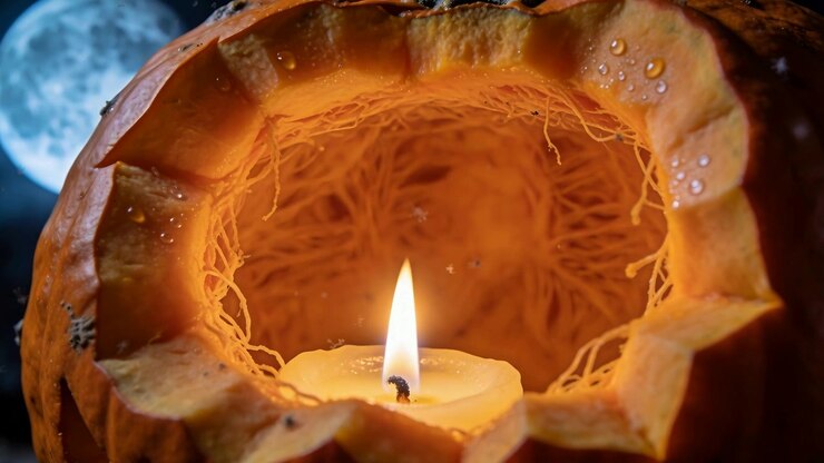 Flickering candle placed inside carved pumpkin lighting inner fibers and seeds under full moon