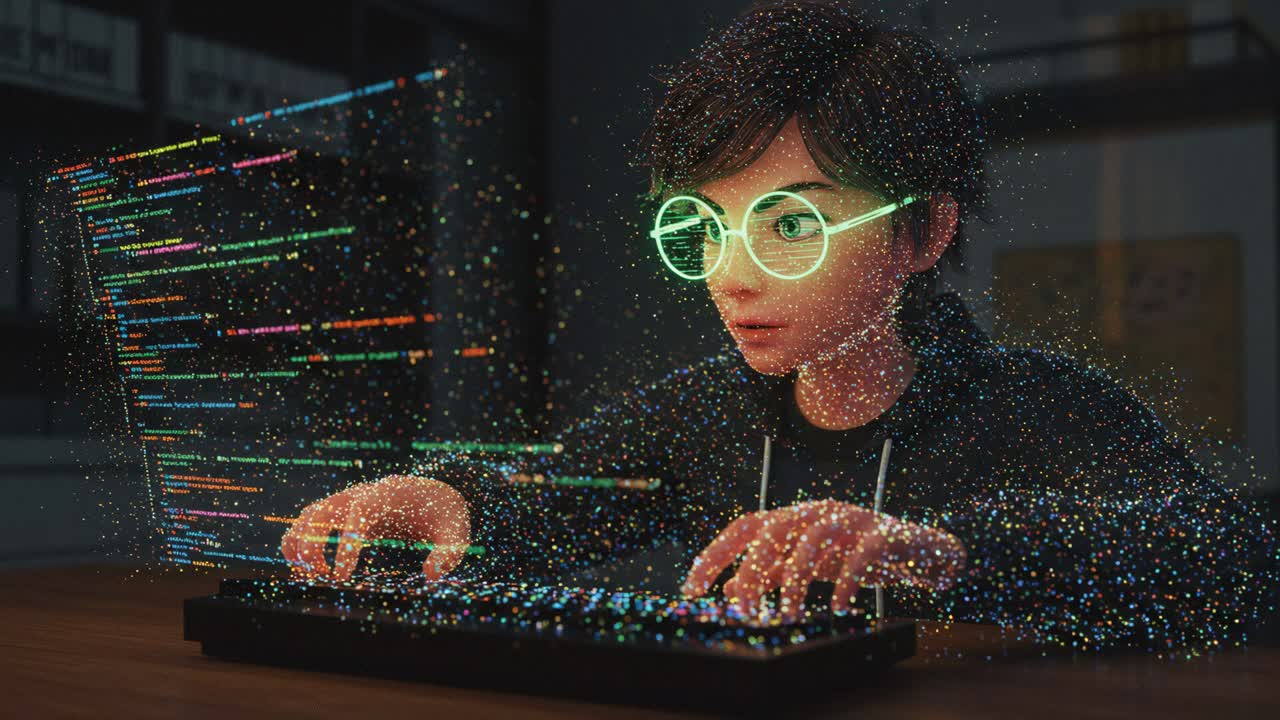A young programmer is diligently immersed in the world of holographic coding visuals while working in a sleek, modern workspace at night