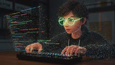 a young programmer is diligently immersed in the world of holographic coding visuals while working in a sleek, modern workspace at night