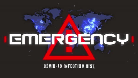 animation of covid 19 emergency text and warning triangle over world map