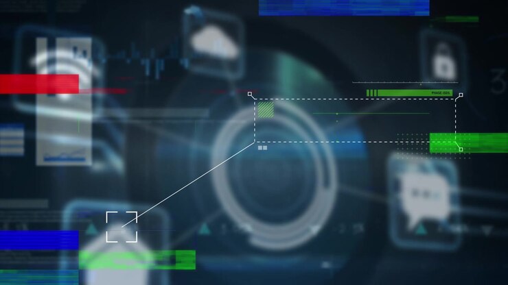 Animation of glitch effect over multiple screens with data processing and digital icons