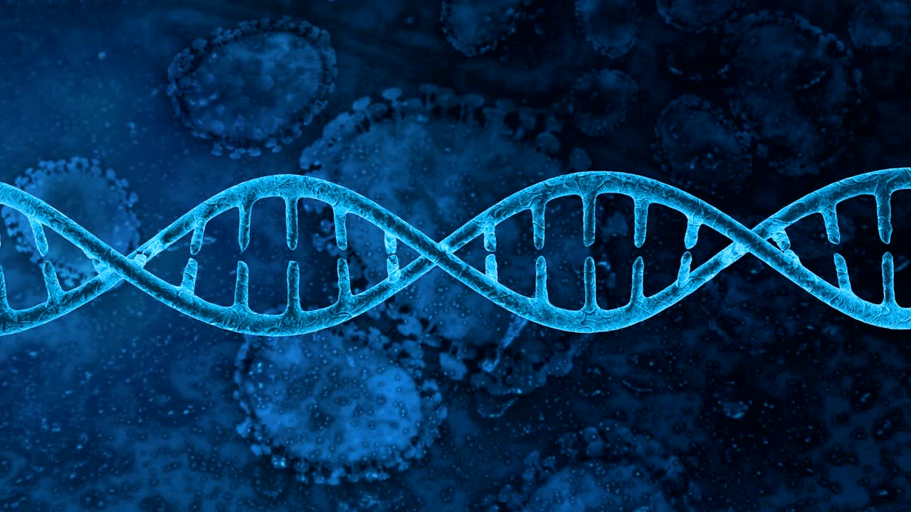 hélice de adn azul. visión microscópica de las células de virus infecciosos.