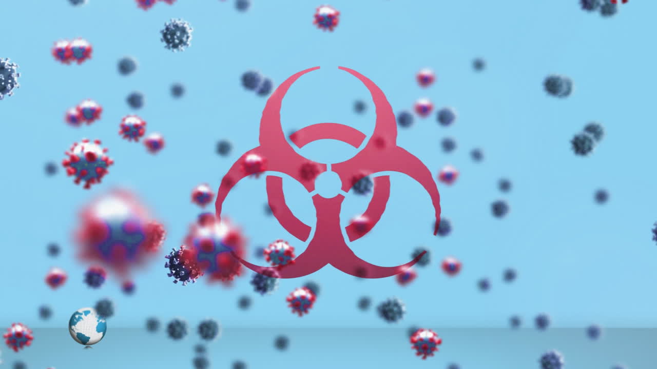 경고 노래와 가짜 뉴스 텍스트를 날아다니는 코로나 19 세포의 애니메이션
