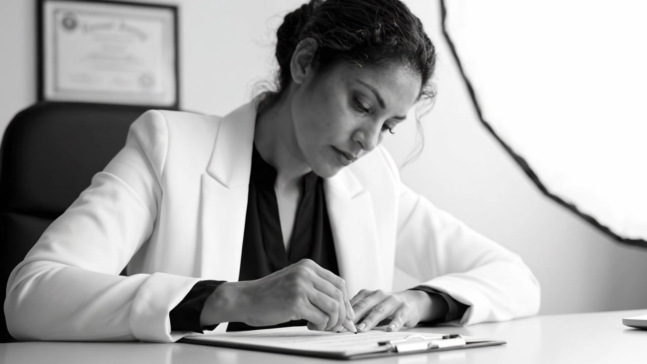 Focused Professional Writing with Intense Concentration in a Modern Office Setting Featuring a Woman in a Formal White Blazer Engaging in Important Document Review