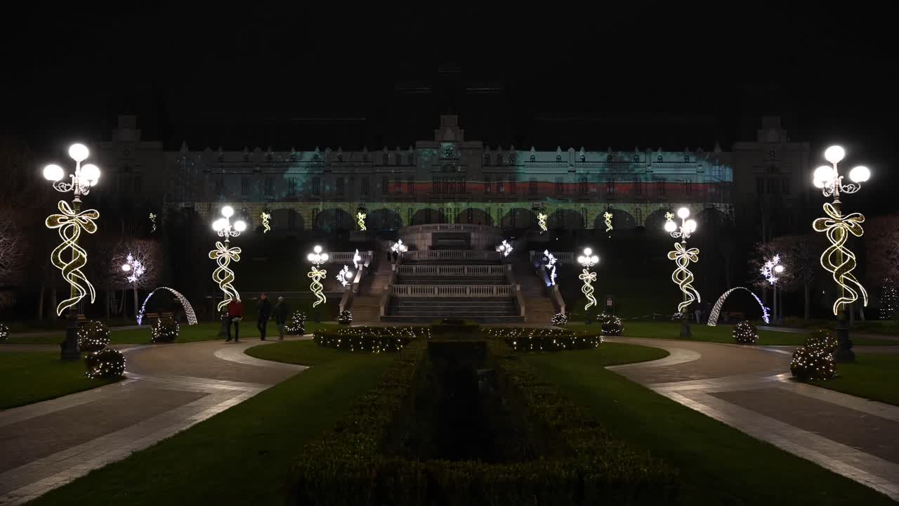 Iasi, Romania - December 18, 2020: View of the Palace of Culture with Christmas decorations at night