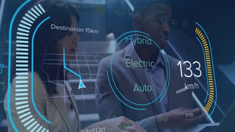 animation of digital dashboard over multiracial colleagues discussing over laptop in office