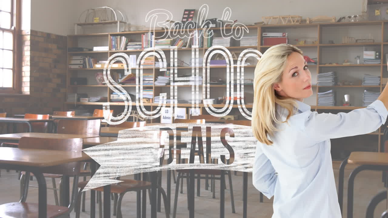 анимация текста " назад в школу " над учителем в классе