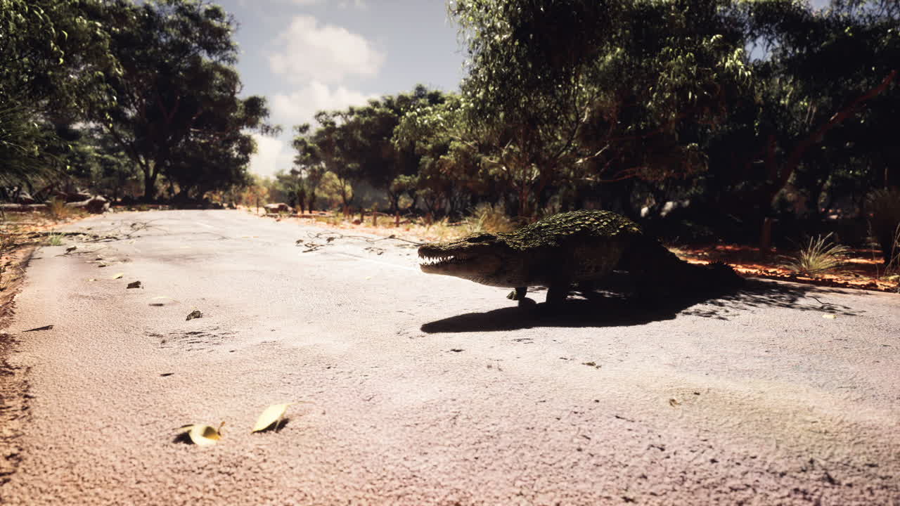 자연 풍경 에 있는 황폐 한 도로 를 따라 고 있는 악어