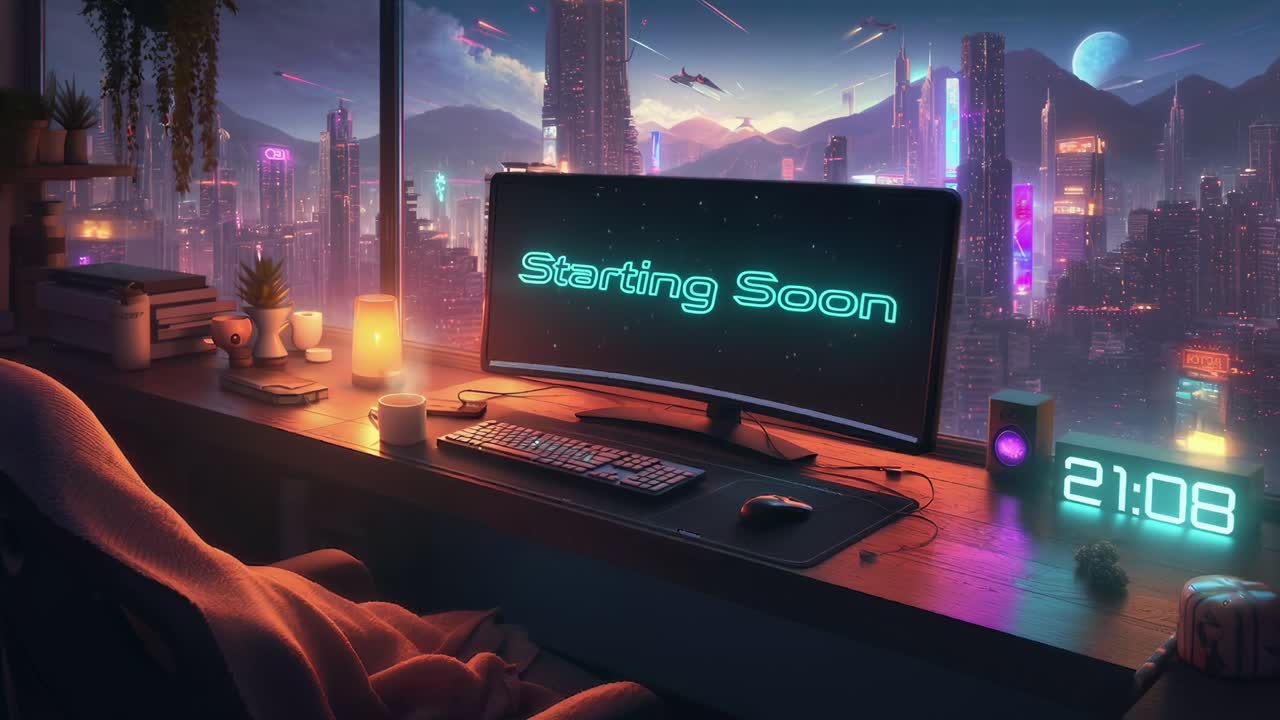 Futuristic cityscape view from a cozy room, wide-angle shot, perfect for a video intro