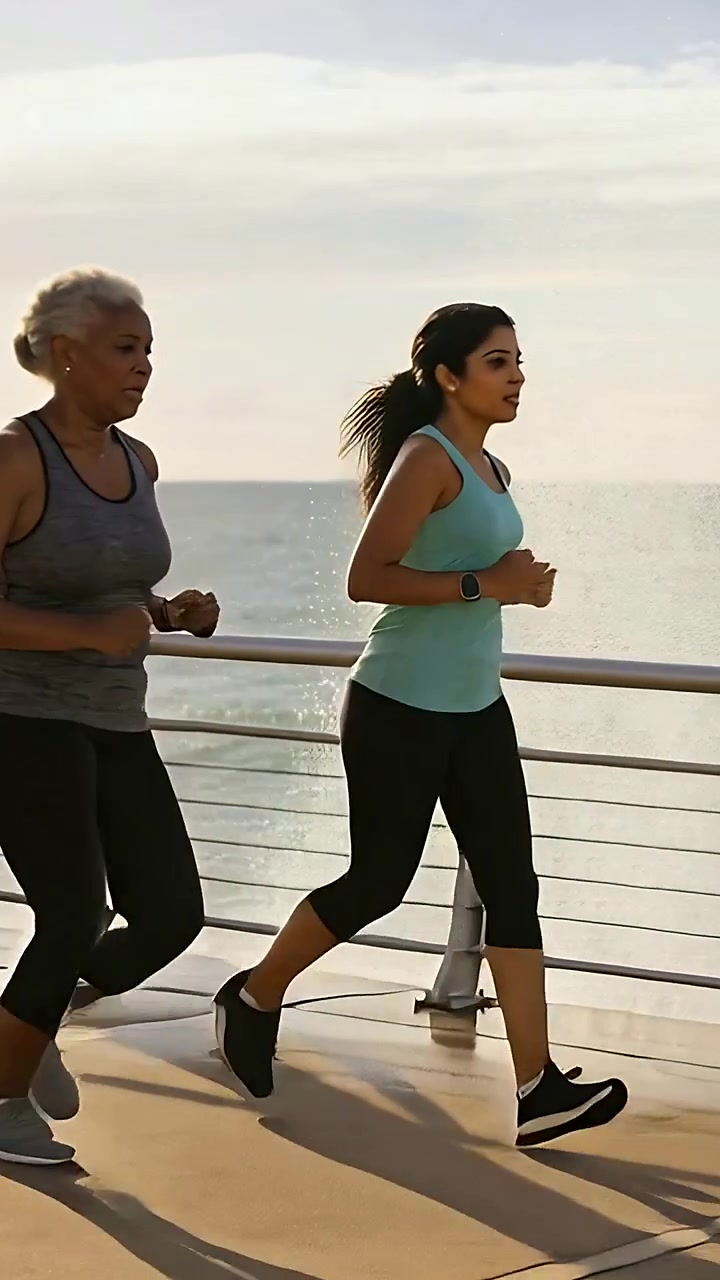 Video verticale: Due donne che corrono in canotta e leggings sul lungomare per fare fitness