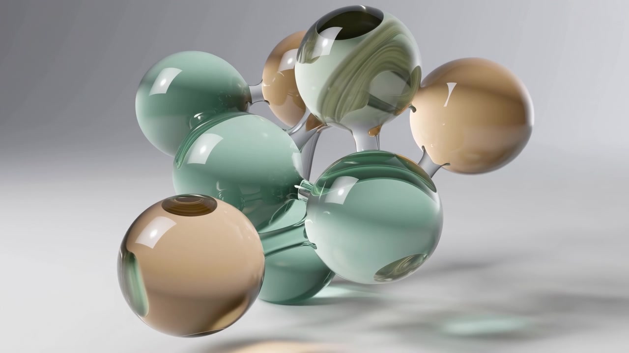 Early to middle sequence frame showing a static abstract molecular structure slightly right of center, built from glossy green and beige spheres connected by