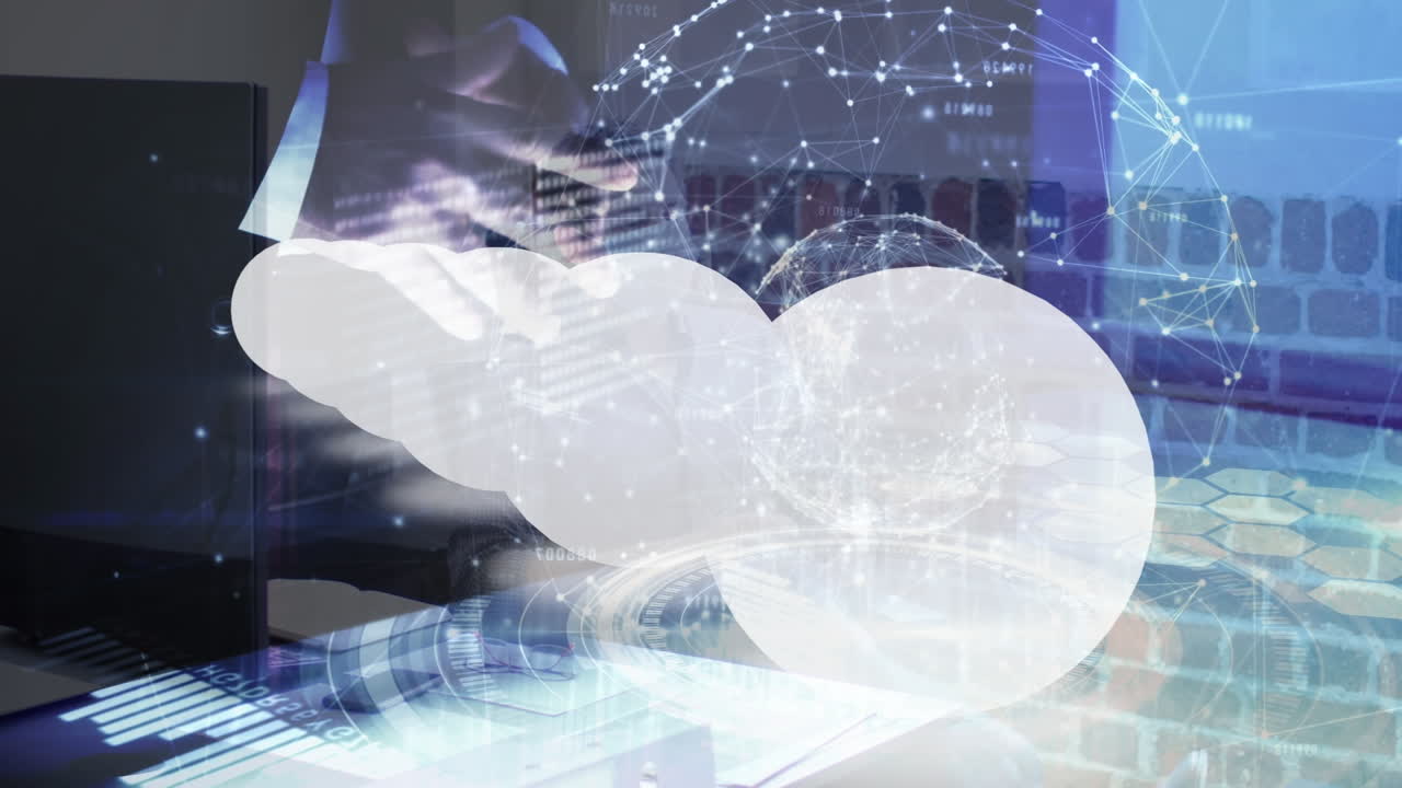 터치스크린을 사용하는 백인 사업가의 손 위에 색 모양의 디지털 화면 애니메이션