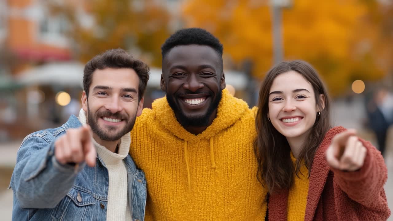 Three Friends Joyfully Pointing at the Camera, Celebrating Friendship Amidst a Beautiful Autumn Background Filled with Colorful Leaves and Happy Vibes