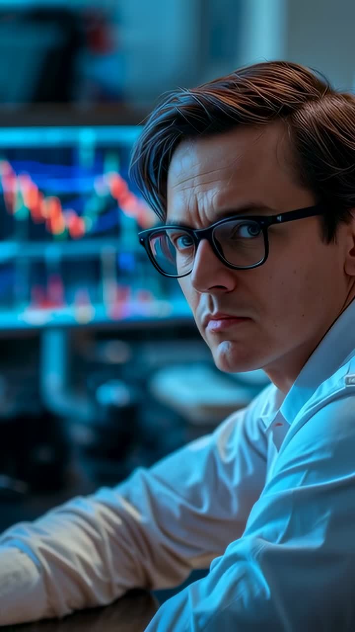 Vertical video: Turning head trader in glasses and shirt in dim office watching monitors updating