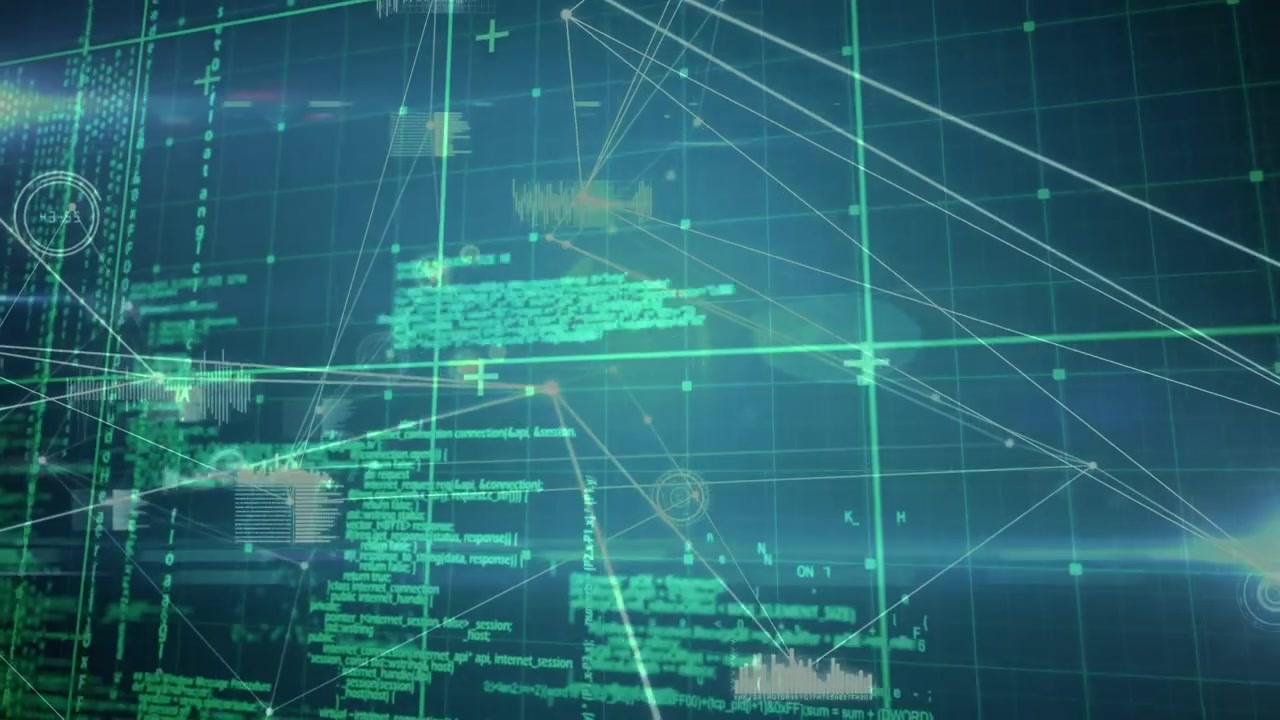 Animation of data processing and network of connections on blue background