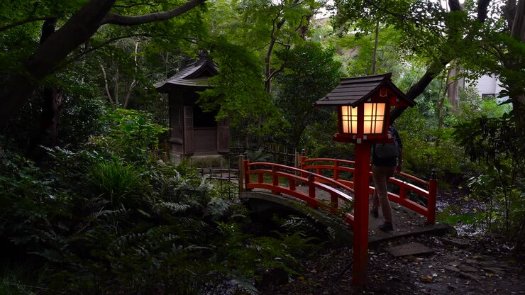 Hiker exploring mysterious Japanese temple inside dark natural forest