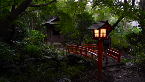 hiker exploring mysterious japanese temple inside dark natural forest