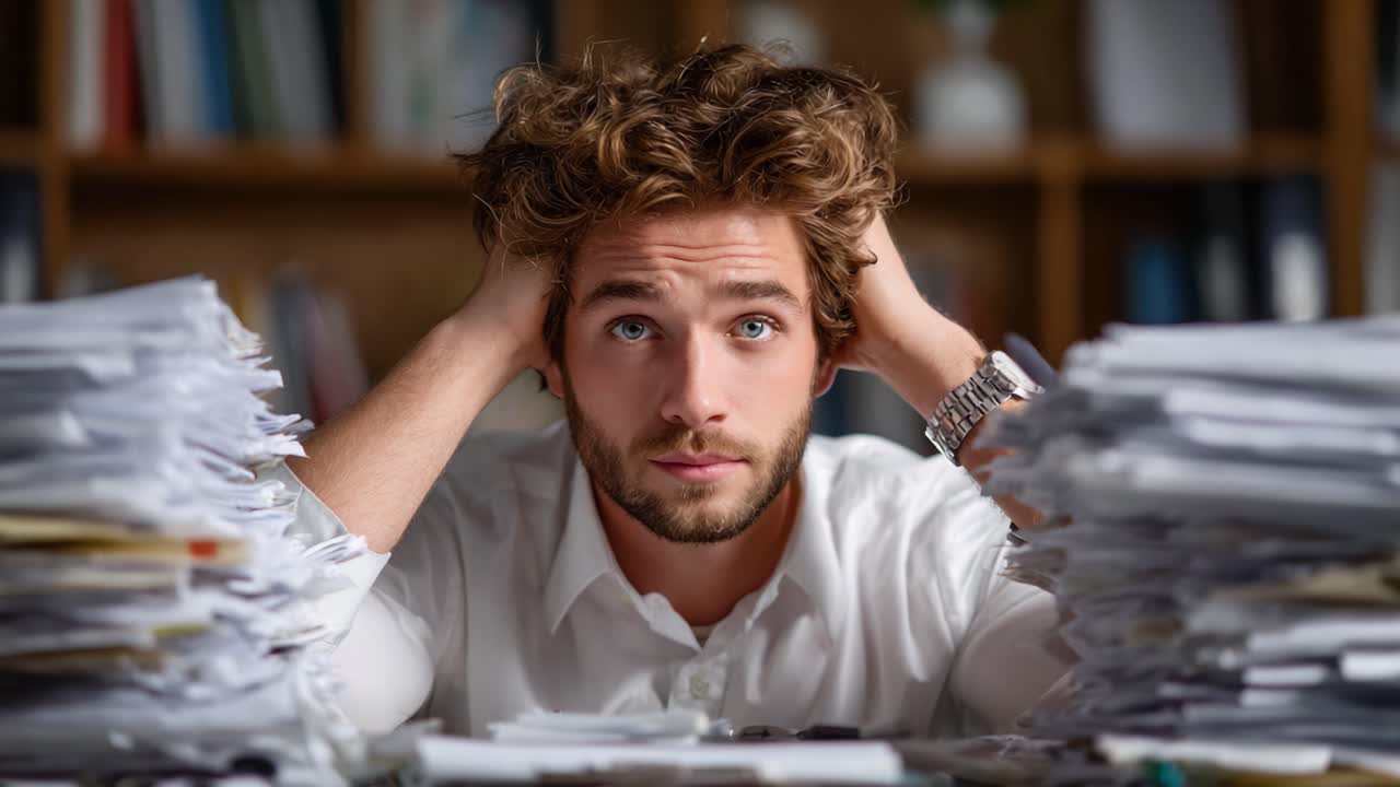 Overwhelmed by Work: A Frustrated Young Man Struggles with a Mountain of Paperwork in a Busy Office Environment Captured in Two Key Frames