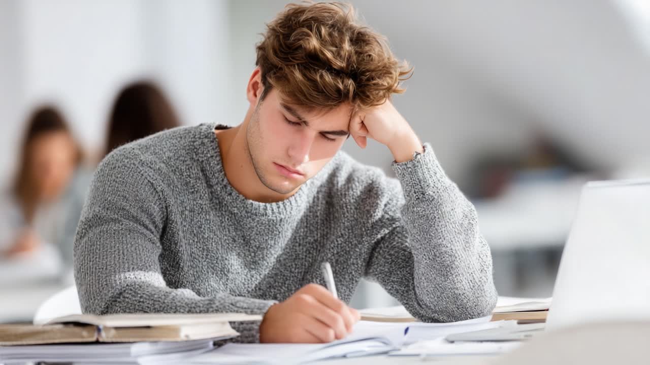 Studente concentrato e immerso nello studio, che supera le sfide con concentrazione e dedizione nell'ambiente della vita accademica