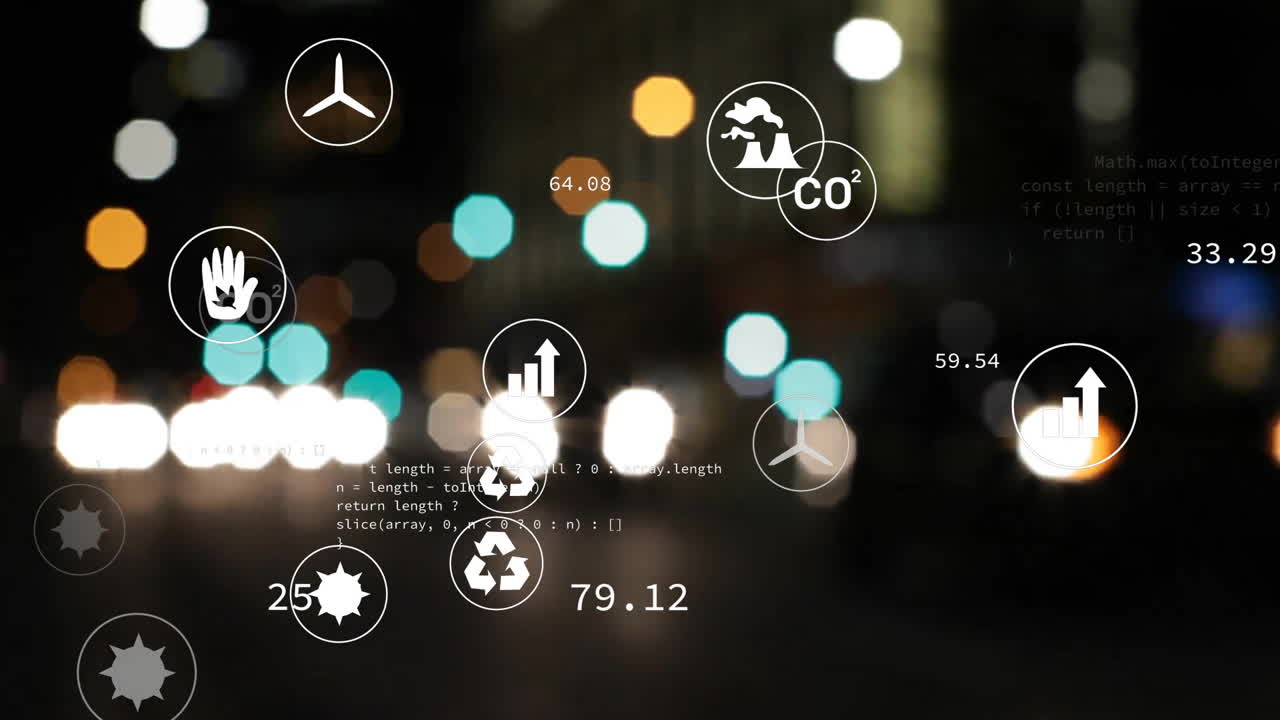 Animation of eco icons and data processing over out of focus city lights