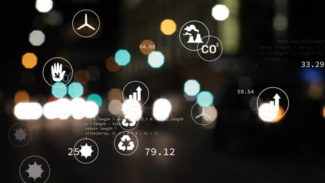 Animation-of-eco-icons-and-data-processing-over-out-of-focus-city-lights