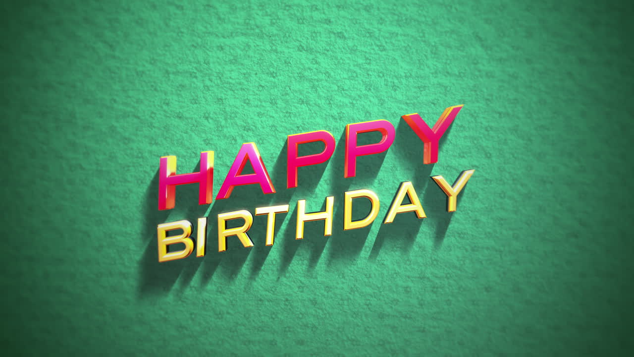 cartas de feliz cumpleaños de color neón flotan sobre un fondo verde en representación 3d