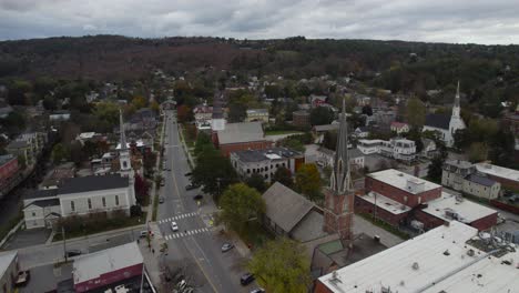 aerial view over montpelier city street intersection and church towers