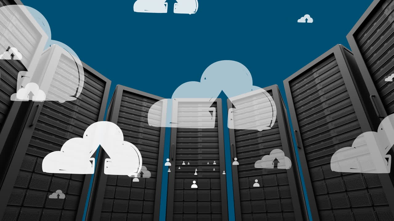 Animation of social media and clouds icons over computer servers