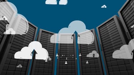 animazione di social media e icone di nuvole su server di computer.