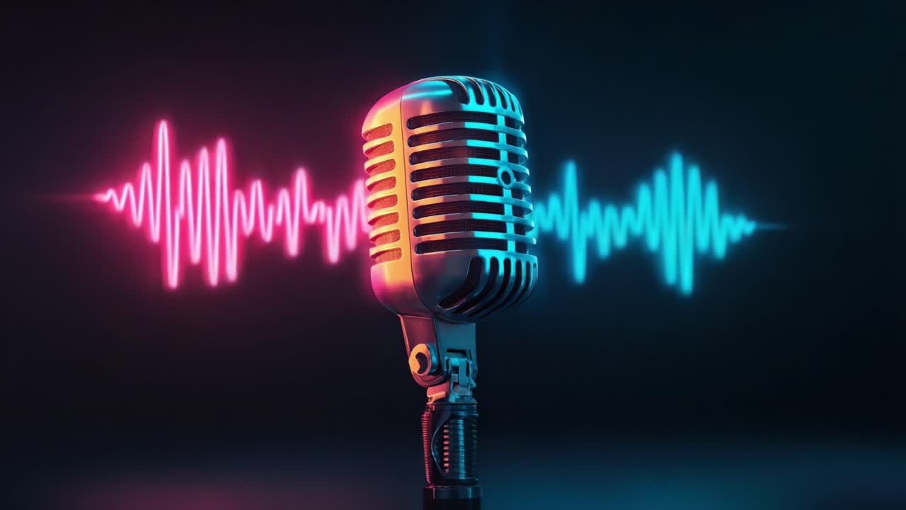 Immagini mozzafiato di microfoni: un microfono vintage su uno sfondo scuro con onde sonore colorate, che catturano l'essenza della musica e della tecnologia del suono.