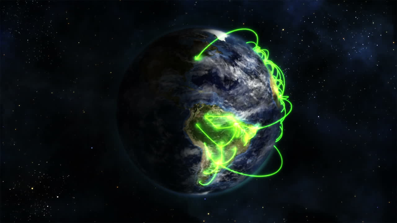 Terra animata che ruota con nuvole e collegamenti verdi, immagine da Nasa.org.