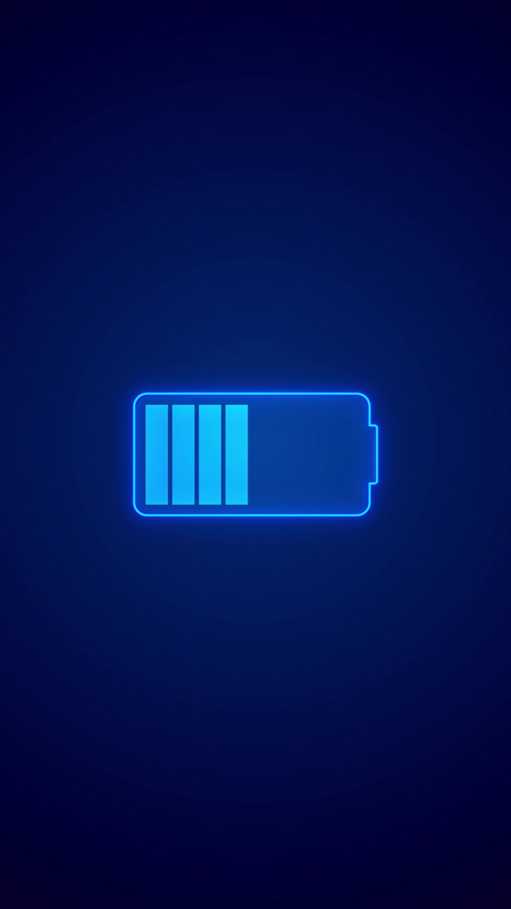 Fondo de icono de carga de batería azul con símbolo de energía completa brillante, degradado oscuro limpio y simple.