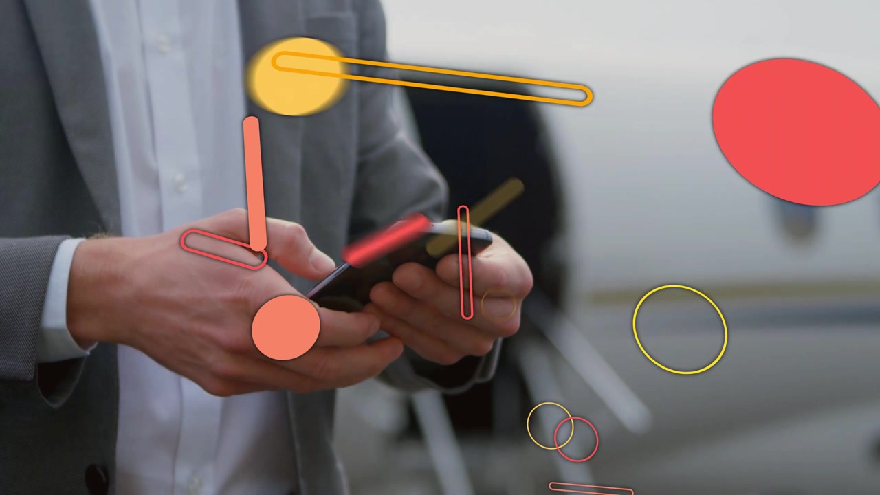 Man tapping phone near jet, creating orange rings at phone flowing around hands showing flight info