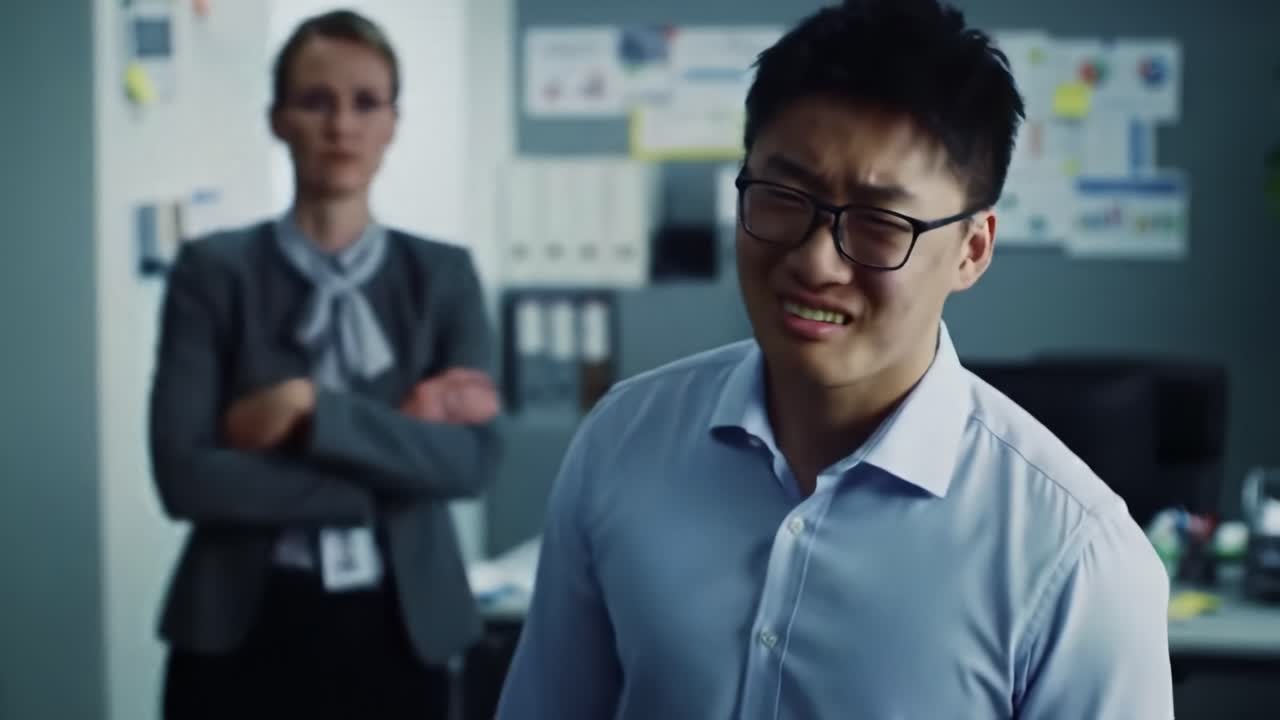 A man expresses frustration in a corporate environment while a woman stands behind him, observing the situation with concern. Tension rises as emotions run high.