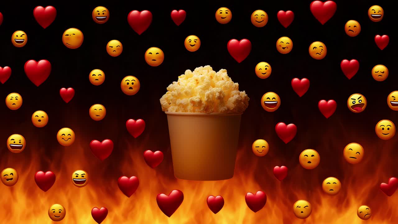 A Delightful Cinematic Experience: A Bucket of Popcorn Surrounded by an Array of Emotions Represented by Colorful Heart and Emoji Graphics against a Fiery Background