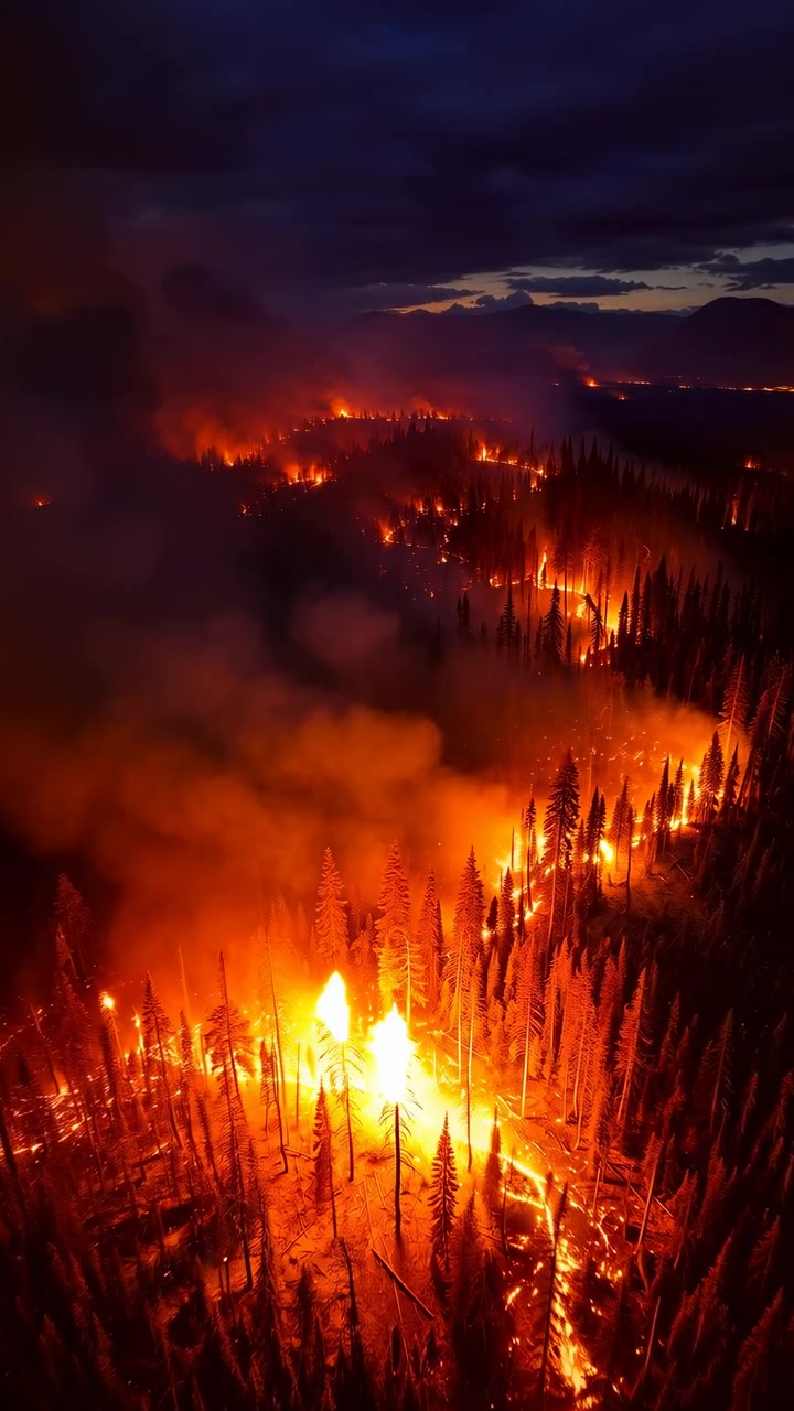 Vista aerea notturna mostra un incendio boschivo attivo che traccia una linea di fuoco serpeggiante e incandescente attraverso una fitta foresta di conifere, con imponenti colonne di fiamme, fumo che si disperde, focolai secondari e calore intenso su un crinale accidentato.