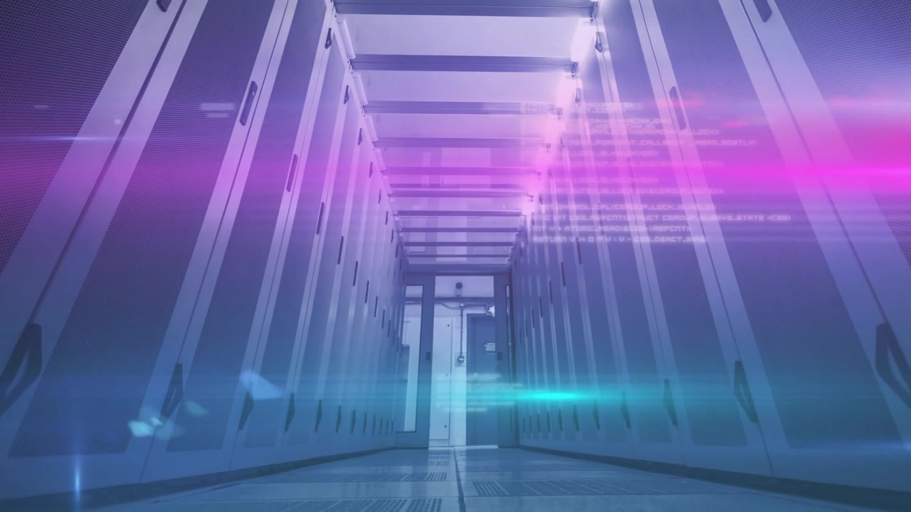 noise appearing, code drifting then neon streaks racing inside server corridor showing data flow