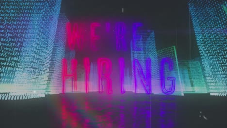 animation of we're hiring text over neon shapes on black background