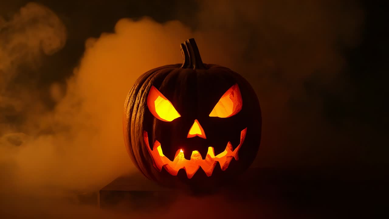 Flickering light causing orange smoke wisps swirling around carved pumpkin on platform in studio